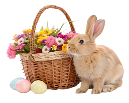 A bunny sitting next to a basket filled with colorful flowers and easter eggs on a black background
