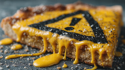 Melted cheese dripping from slice of bread with black warning symbol on top, creating visually striking and slightly unsettling food image