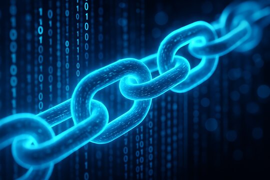 Glowing blue chain links against binary code backdrop