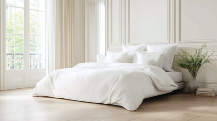 Bright white bedroom with soft bedding and pillows on pale wooden floor, featuring large windows and elegant wall paneling for calm and cozy atmosphere