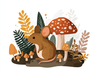 A charming illustration of a mouse surrounded by mushrooms and foliage
