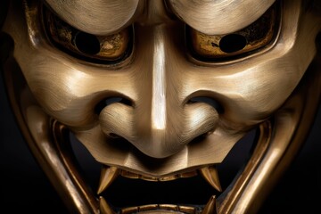 Intricate Japanese Oni Mask, golden accents, detailed woodcarving, fierce expression, traditional art, cultural artifact, demonic features, ornate design, Asian heritage, mythical creature
