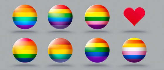 Collection of lgbtq pride flag spheres and a red heart on a gray background