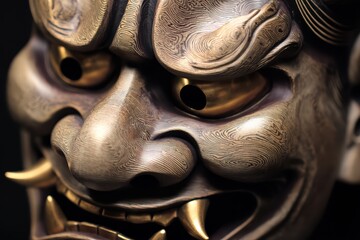 Close-up of intricately carved wooden mask with gold-rimmed eyes, red accents, and fierce teeth in warm ochre tones, evoking ancient mystery and cultural ritual