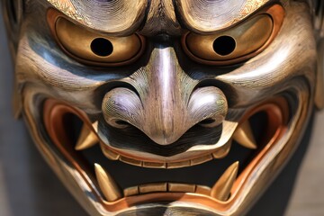 Close-up of intricately carved wooden mask with gold-rimmed eyes, red accents, and fierce teeth in warm ochre tones, evoking ancient mystery and cultural ritual