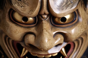 Close-up of intricately carved wooden mask with gold-rimmed eyes, red accents, and fierce teeth in warm ochre tones, evoking ancient mystery and cultural ritual