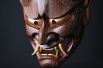 Close-up of intricately carved wooden mask with gold-rimmed eyes, red accents, and fierce teeth in warm ochre tones, evoking ancient mystery and cultural ritual
