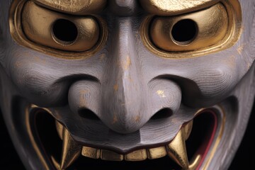 Close-up of intricately carved wooden mask with gold-rimmed eyes, red accents, and fierce teeth in warm ochre tones, evoking ancient mystery and cultural ritual