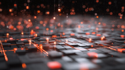 Fototapeta premium Digital circuit board with glowing orange lights and pixel mesh, futuristic technology concept with abstract bokeh effect creating dynamic and vibrant atmosphere