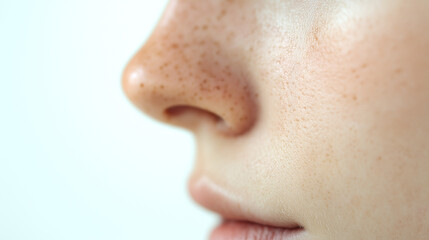 Soft focus close up of side profile showing nose and upper lip with natural freckles on smooth skin, highlighting delicate facial features and gentle expression