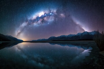 Milky Way arch over tranquil lake, reflecting stars and mountains at night. Scenic cosmic landscape with galaxy, water reflection, and dark sky.