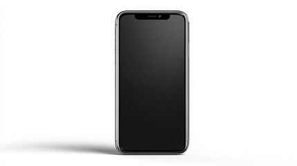 A front view of a modern smartphone with a dark screen on a white background