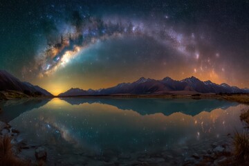 Milky Way arch over tranquil lake, reflecting stars and mountains at night. Scenic cosmic landscape with galaxy, water reflection, and dark sky.