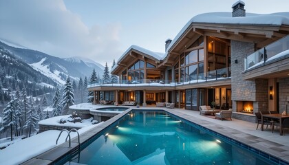Obraz premium A snowy mountain-side luxury villa with heated infinity pool