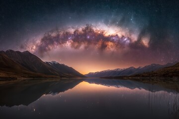 New Zealand South Island Milky Way Panorama with Mountain Reflection, Serene Night Sky Scene
