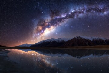 New Zealand South Island Milky Way Panorama with Mountain Reflection, Serene Night Sky Scene