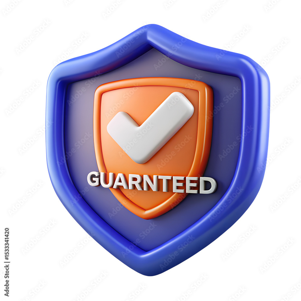 Poster 3d render of a shield with guarantee text and isolated white background