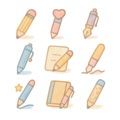 Cute Minimal Pencil and Pen Icons – Pastel Watercolor Style (9 PNG)