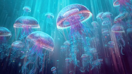 Blue glowing jellyfish with long tentacles in deep sea. Bioluminescent marine creatures, digital - style dots, and oceanic fantasy scene