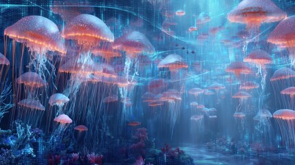 Blue glowing jellyfish with long tentacles in deep sea. Bioluminescent marine creatures, digital - style dots, and oceanic fantasy scene