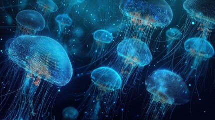 Blue glowing jellyfish with long tentacles in deep sea. Bioluminescent marine creatures, digital - style dots, and oceanic fantasy scene