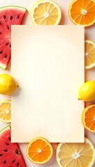 Vibrant summer fruit greeting card template with circular layout and central text space