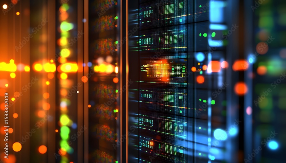 Poster close-up view of a server rack with glowing lights.