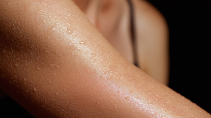 Wet skin detail of upper arm with water droplets under soft lighting, showing natural texture and moisture on smooth skin surface in close up view