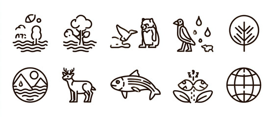 Collection of line art icons depicting nature and wildlife on white background