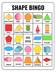Colorful 2D and 3D Shapes Bingo Game for Kids – Learn Geometry I Math, Printable Educational Activity