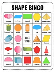 Colorful 2D and 3D Shapes Bingo Game for Kids – Learn Geometry I Math, Printable Educational Activity
