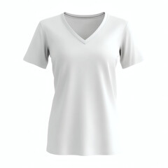 Plain white V-neck t-shirt 3D mockup showcasing front view for women's casual wear presentation on white background.