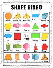 Colorful 2D and 3D Shapes Bingo Game for Kids – Learn Geometry I Math, Printable Educational Activity