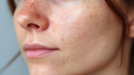 Skin texture macro with subtle peach fuzz and no blemish, close up of face with natural freckles and smooth skin, detailed view of healthy skin surface showing pores and fine hairs