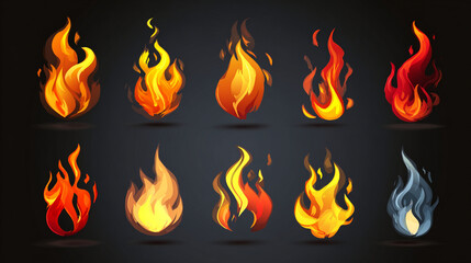 Collection of ten stylized fire illustrations against a dark background