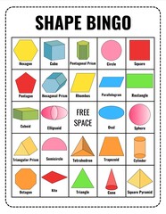 Colorful 2D and 3D Shapes Bingo Game for Kids – Learn Geometry I Math, Printable Educational Activity