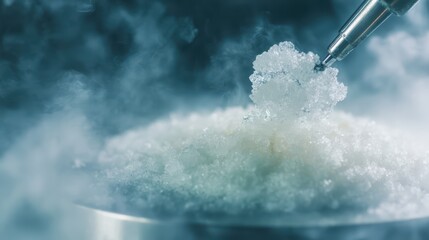 Crystalline ice spheres with vapor, floating over frosty surface in cool blue tones. Frozen texture, misty ambiance, and translucent bubbles create a refreshing, icy scene