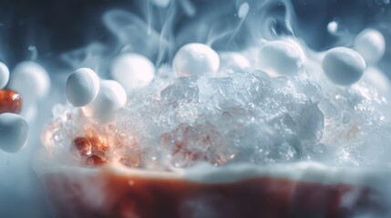 Molecular Gastronomy Lab Close-Up of Ice Crystals and Liquid Splash, Scientific Culinary Experiment with Cryogenic Techniques