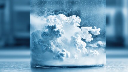 Crystalline ice spheres with vapor, floating over frosty surface in cool blue tones. Frozen texture, misty ambiance, and translucent bubbles create a refreshing, icy scene