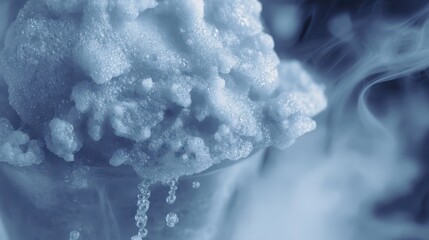 Crystalline ice spheres with vapor, floating over frosty surface in cool blue tones. Frozen texture, misty ambiance, and translucent bubbles create a refreshing, icy scene