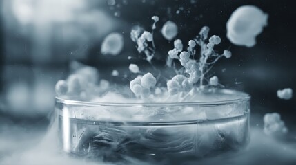 Molecular Gastronomy Lab Close-Up of Ice Crystals and Liquid Splash, Scientific Culinary Experiment with Cryogenic Techniques