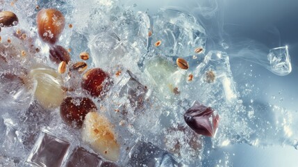 Molecular Gastronomy Lab Close-Up of Ice Crystals and Liquid Splash, Scientific Culinary Experiment with Cryogenic Techniques