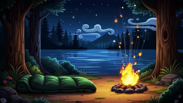 A peaceful nighttime camping scene by a forest lake. A sleeping bag lies next to a crackling fire, its fabric reflecting tiny glowing stars under a clear night sky.