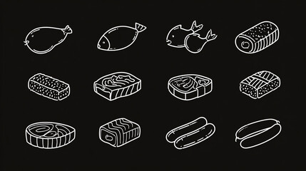 White outline drawings of meat and fish food items on a black background