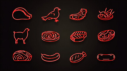Neon red outline icons of various meats on a black background displayed