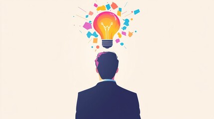 A person's back with a bright lightbulb above their head, representing creative ideas
