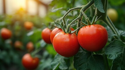 Close-up of red tomatoes growing on vine in greenhouse