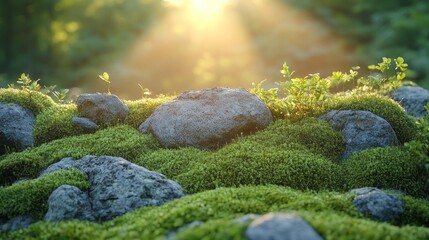 Illustration of a clearing in the forest with stone, moss and sunrays, summer. green, leaves