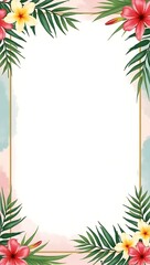 Floral summer greeting card with palm leaves, tropical flowers, and space for text on soft gradient background