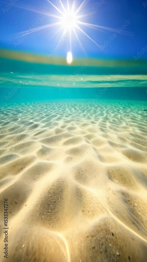 Poster underwater view of clear turquoise ocean water with bright sunlight shining over the surface, reflec